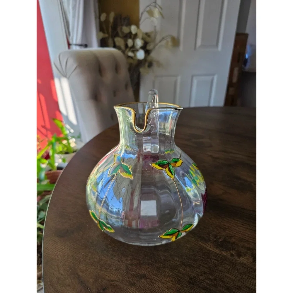Hand-Painted Glass Pitcher With Grapes & Leaves Design made in Romania